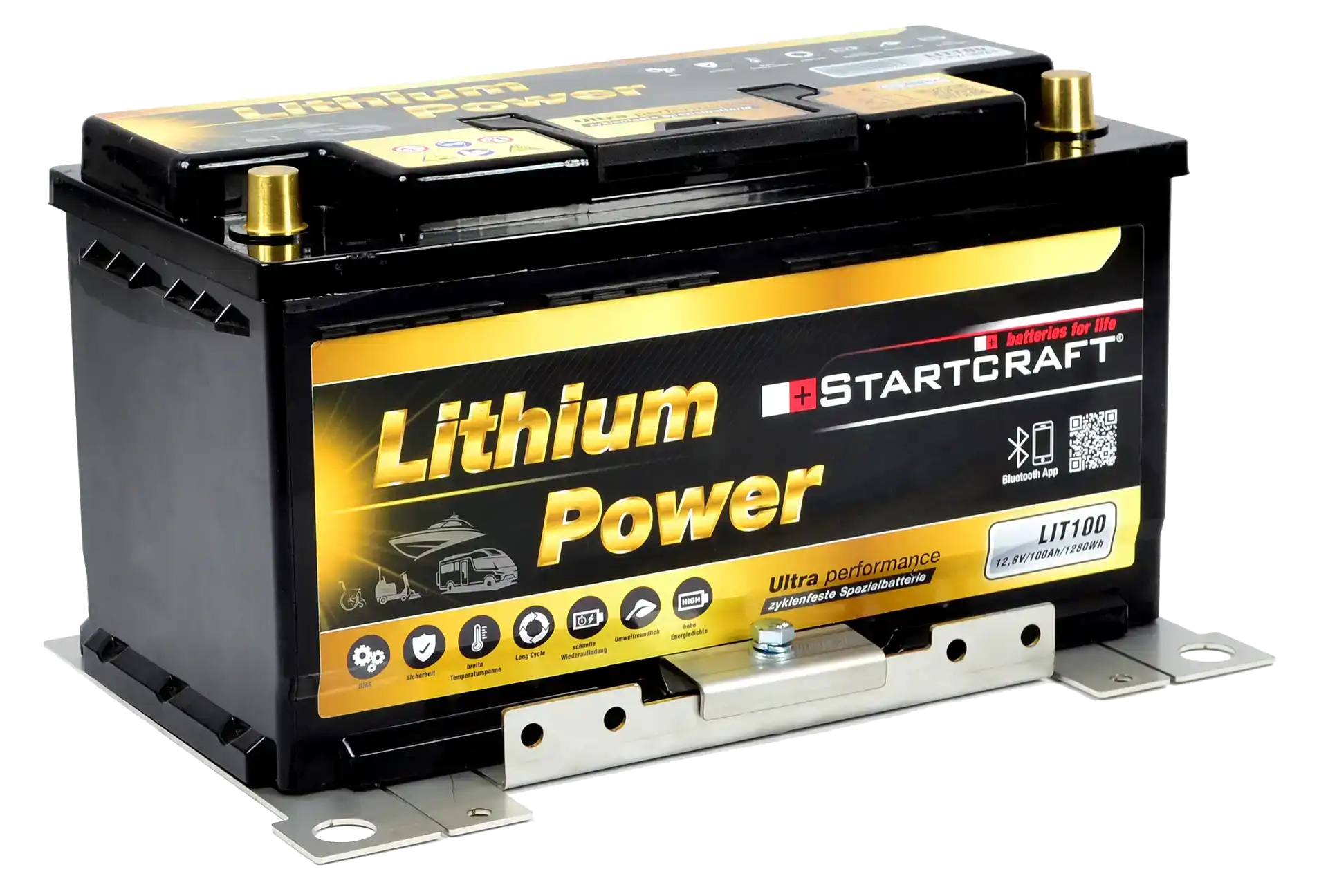 LiFePO4 Zusatzbatterie 100Ah im Multihalter montiert – intelligenter Batteriehalter für alle universellen Anwendungen & fahrzeugspezifisch, passend für Untersitzmontage im VW T5, T6, T6.1, Ducato, Boxer, Jumper, für alle Batterien mit B13 Bodenleiste und 175mm Breite